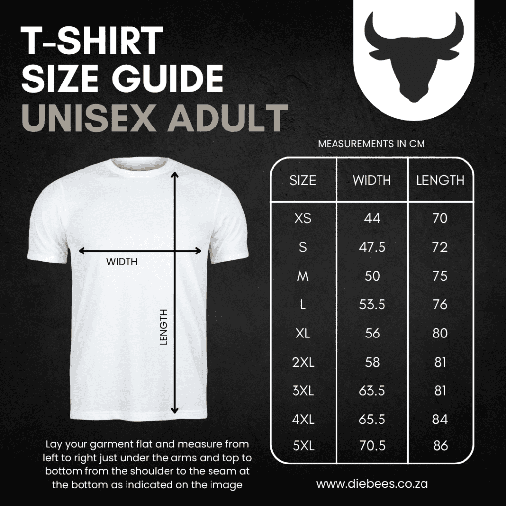 Adult unisex T-shirt size chart, XS to 5XL