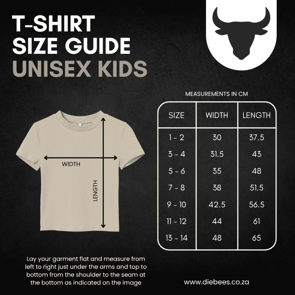 Kids unisex T-shirt size chart, 1-2 to 13-14