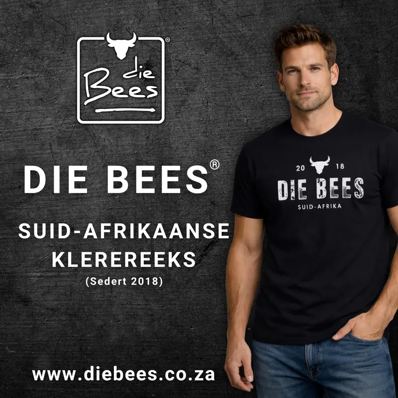 Die Bees South African clothing range since 2018: the bull-head logo and a man in a black Die Bees tee